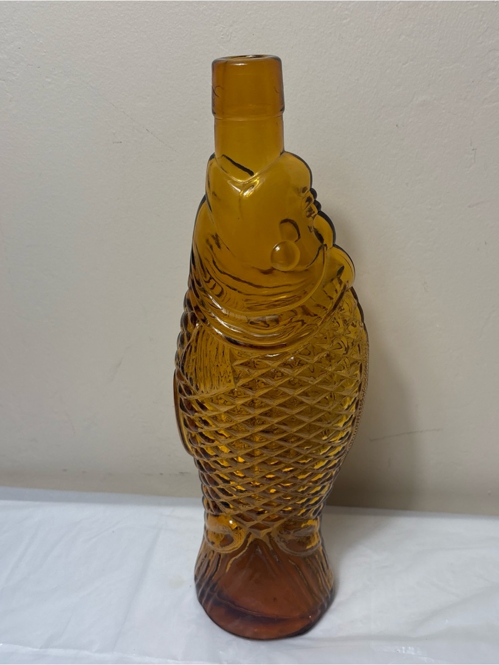 Vintage golden Amber Glass Fish shaped Bottle 12.5”